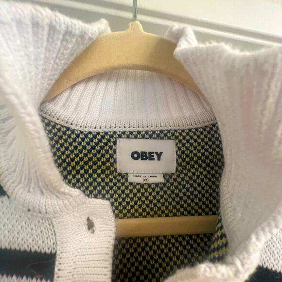 NWOT OBEY FLOWER STRIPE POLO SWEATER (XS) - Picture 4 of 5